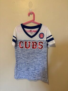Genuine Merchandise Women's Cubs Sequin Logo Tee in White, Blue & Red